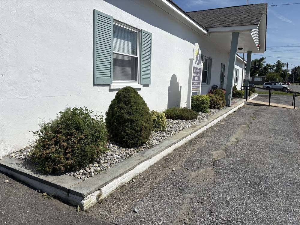 The same frontage with shrubs shaped and the stone bed cleared